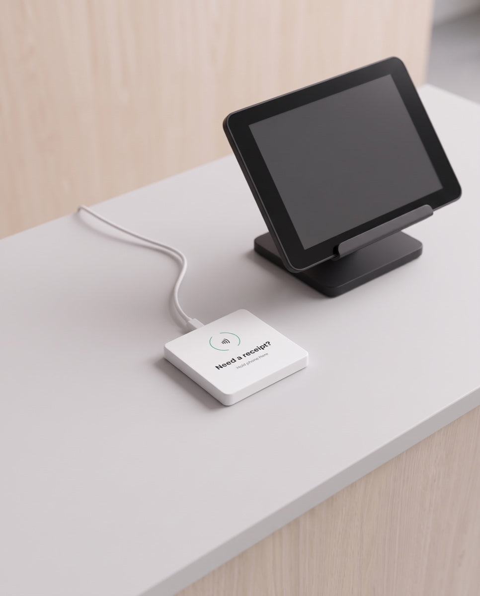 A white Receiptile tile connected by its cable beside a tablet POS