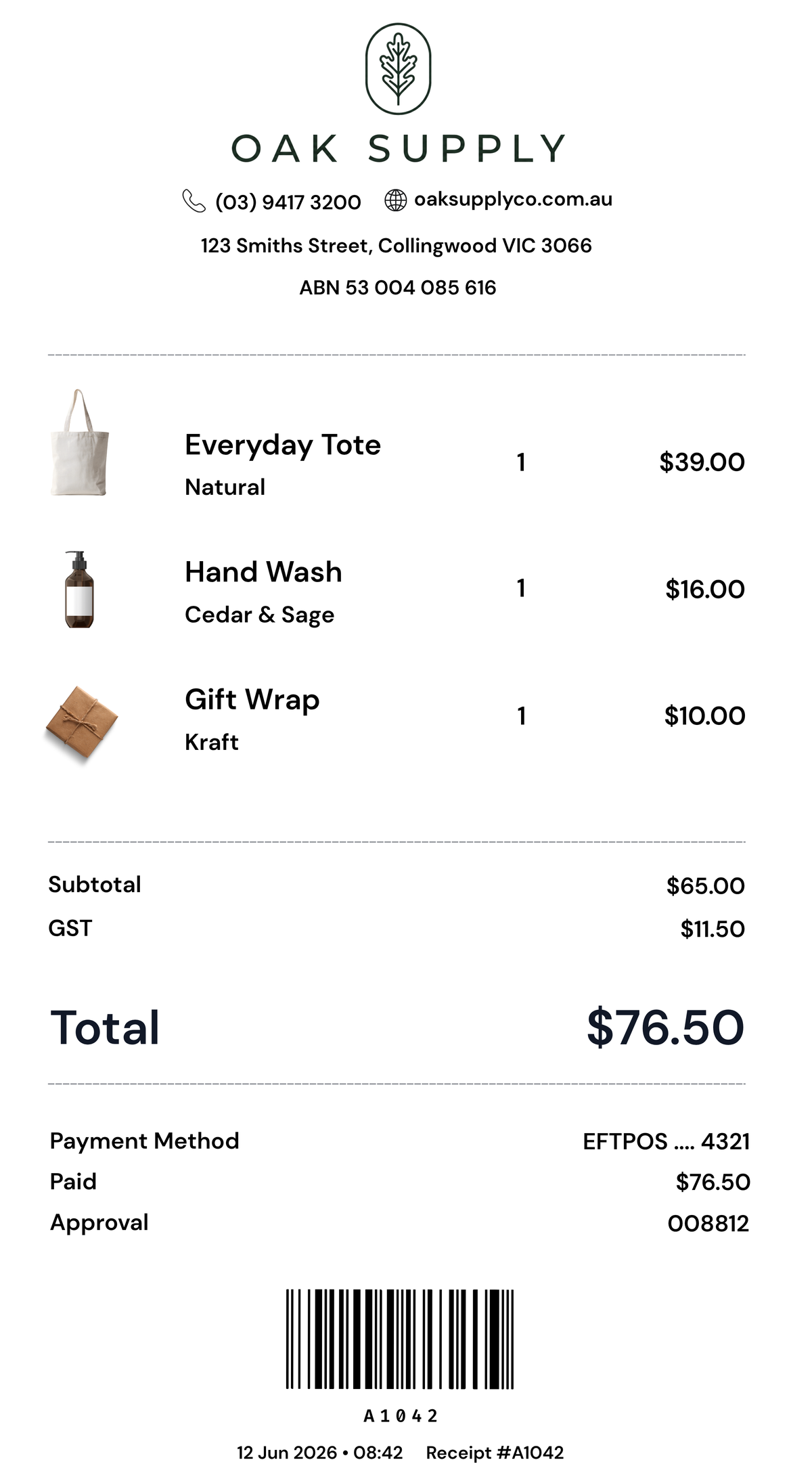 Oak Supply digital receipt
