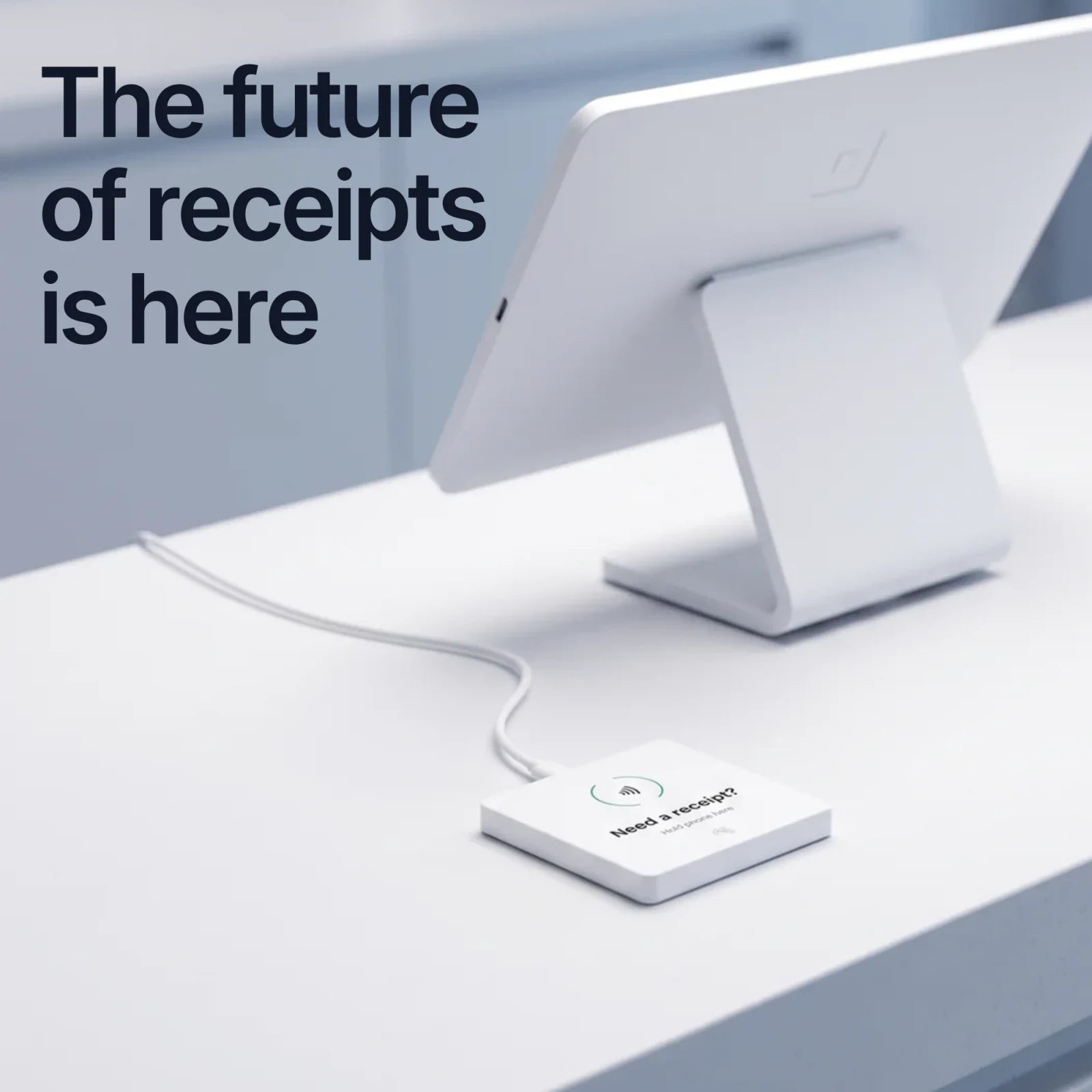 The future of receipts is here. A white Receiptile tile beside a point-of-sale screen on a clean white counter.