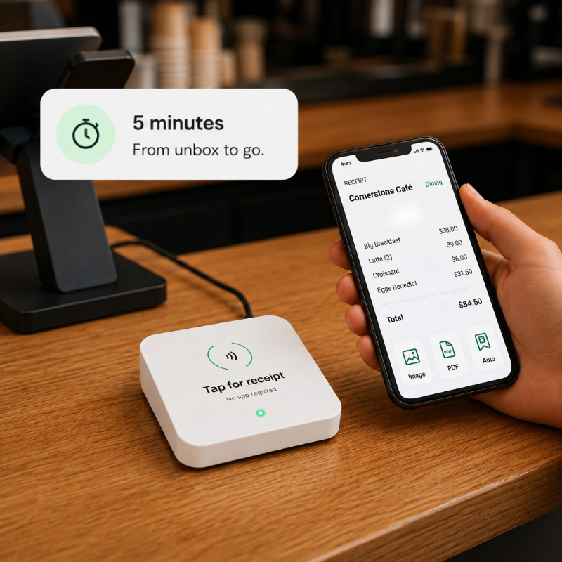 Receiptile tile on a café counter with customer tapping their phone